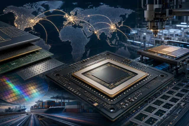 Illustration of semiconductor manufacturing equipment and AI chips representing Nvidia’s supply-chain capacity expansion
