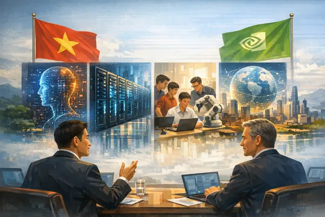 Illustration of NVIDIA’s four proposed AI cooperation pillars with Vietnam: sovereign models, GPU infrastructure, talent and global markets