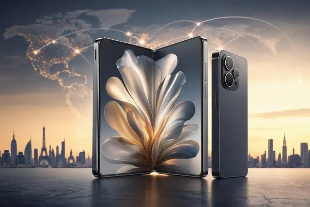 AI-generated editorial illustration for a comparison of the iPhone Duo, Galaxy Z Fold8 and Xiaomi 18 Fold