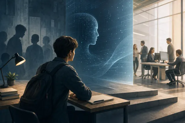 AI-generated editorial illustration about AI’s effect on junior hiring and career development