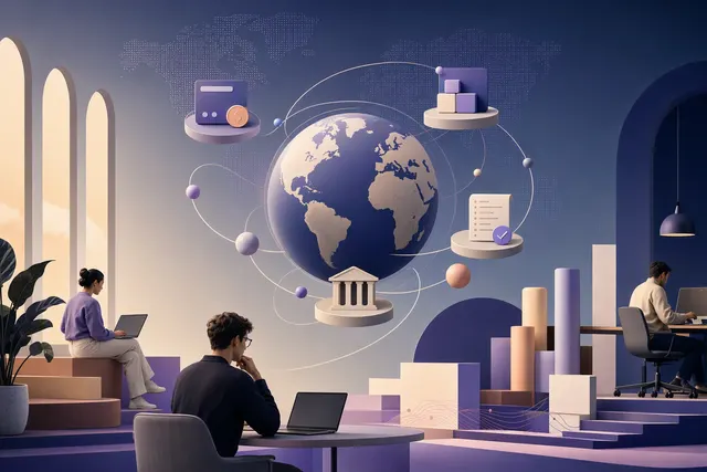 Editorial illustration representing global billing and revenue infrastructure for AI-native software companies