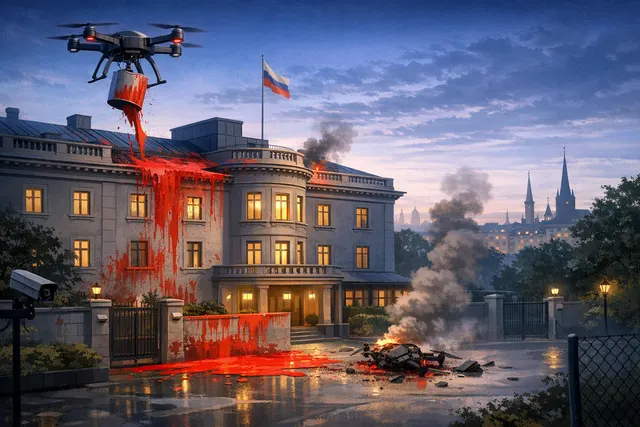 AI-generated illustration of two drones approaching the Russian Embassy in Stockholm, one dropping red paint and the other carrying a simulated explosive device, on July 2, 2026.