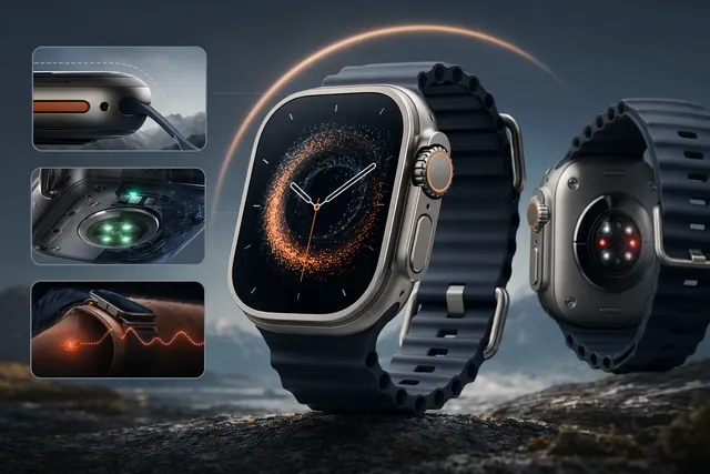Concept-style image representing the rumored Apple Watch Ultra 4 redesign and health sensors