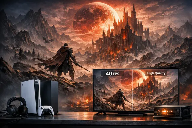 Dark-fantasy RPG scene representing The Blood of Dawnwalker console graphics modes
