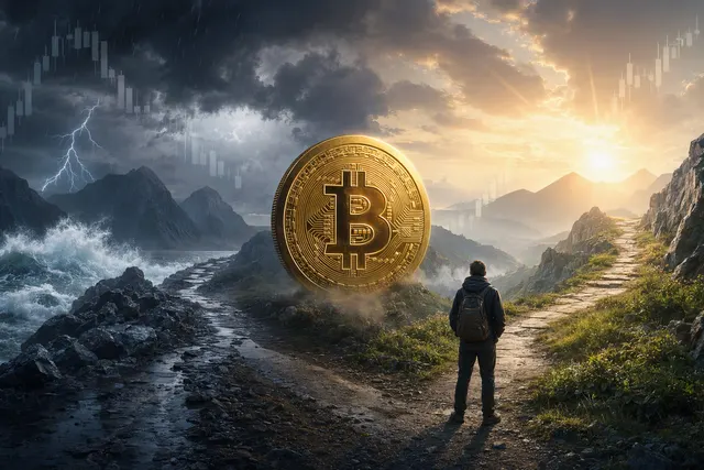Editorial illustration representing Bitcoin’s uncertain market direction after a rally