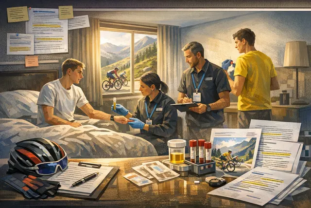 AI-generated illustration of cycling jerseys and a road race scene, representing the 2026 Tour de France doping controversy and Vingegaard's crash