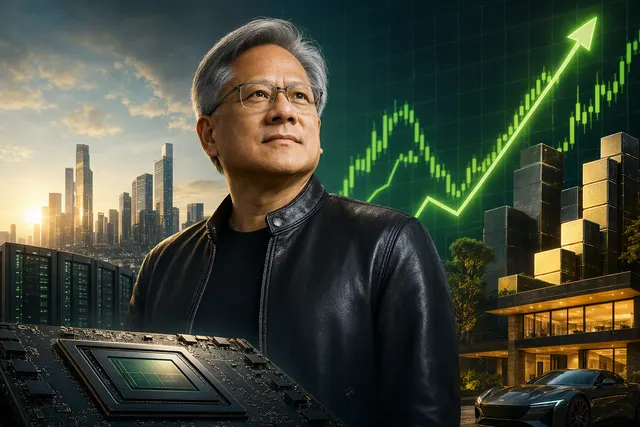 Generated editorial illustration about Nvidia’s record share price and Jensen Huang’s estimated fortune