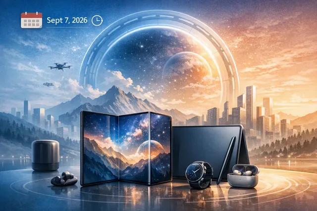 Editorial illustration of Huawei’s Mate XT 2 tri-fold smartphone and HarmonyOS 7 launch event