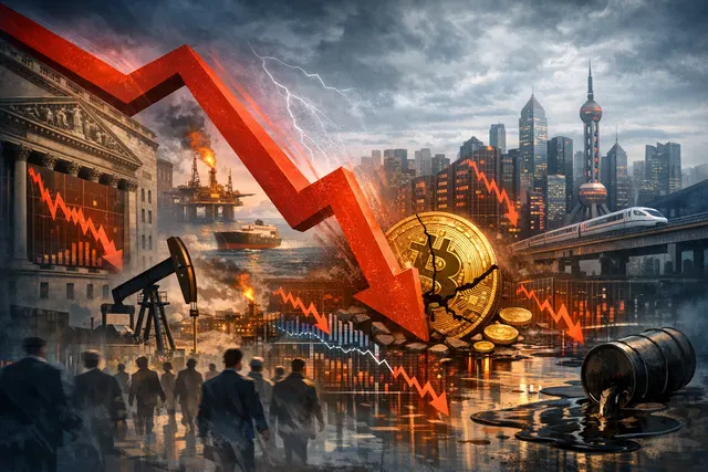 A dramatic global market visualization showing red downward arrows over a world map, symbolizing the $1.88 trillion selloff triggered by Iran-Israel tensions, AI stock crash, and h