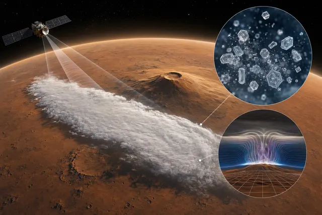 Conceptual illustration of the elongated water-ice cloud near Arsia Mons on Mars.