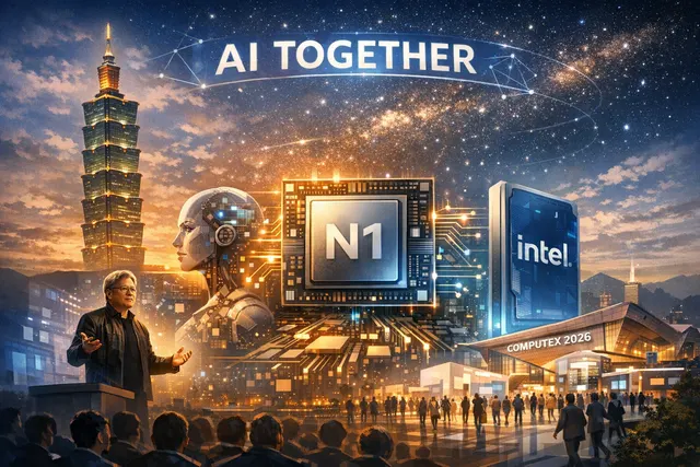 COMPUTEX 2026 conference hall featuring AI innovation themes, Nvidia N1X chip reveal, and Taiwan's role as a global AI supply chain hub.