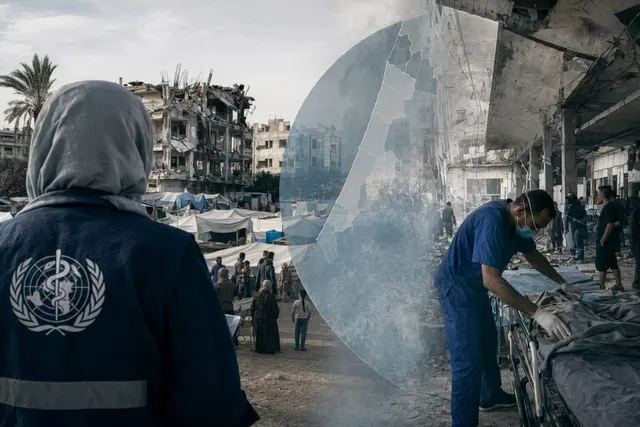 Editorial illustration representing Gaza hospitals and humanitarian crisis after the October 2025 ceasefire