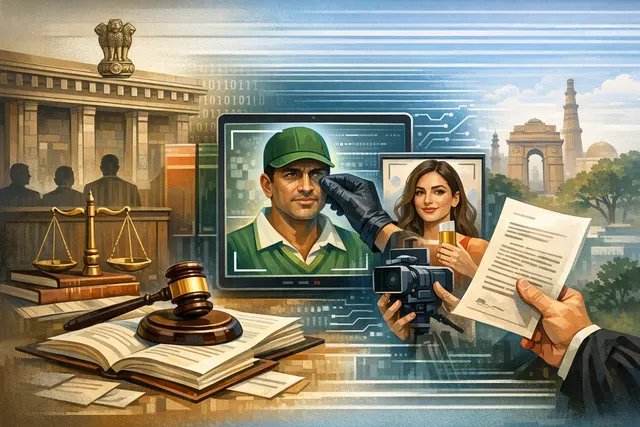 AI-generated editorial illustration depicting the tension between Indian celebrity rights and AI-generated deepfake technology, with a stylised courtroom setting.