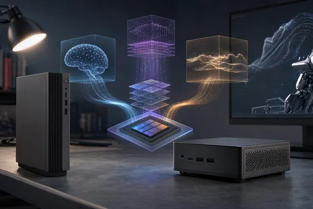 Editorial illustration of compact AI mini workstations running local language models