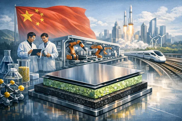 Abstract visualization of solid-state battery technology with glowing circuit patterns and crystalline structures representing the China-Japan competitive landscape.