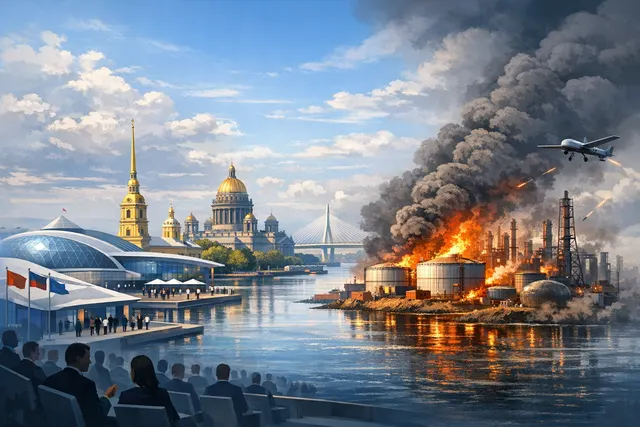 Aerial view of St. Petersburg with the SPIEF 2026 forum venue and the Petersburg Oil Terminal emitting thick black smoke after a drone strike.