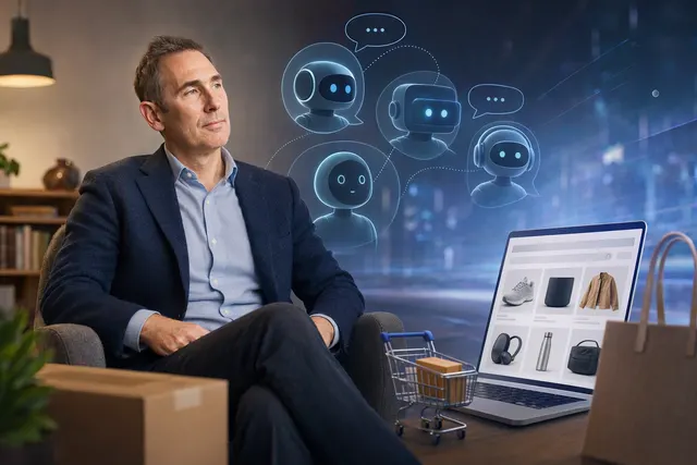 Editorial illustration for a story about AI shopping agents and Amazon advertising