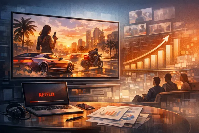 Editorial illustration of the GTA VI extended gameplay presentation premiering on Netflix before its YouTube release