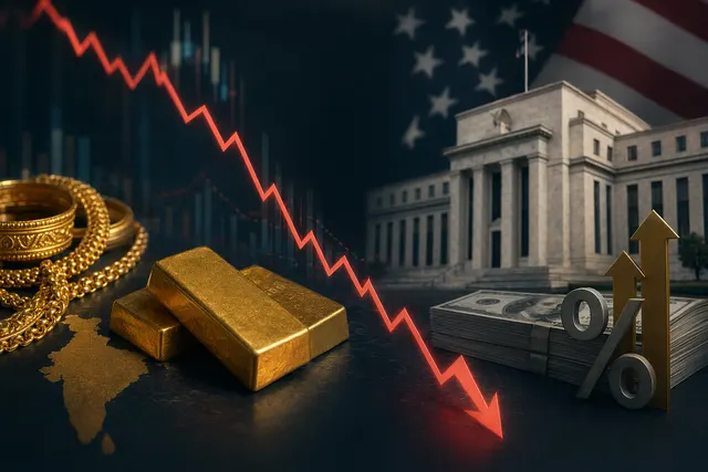 Gold bars and falling price chart symbolizing gold market decline amid inflation and rising interest rates