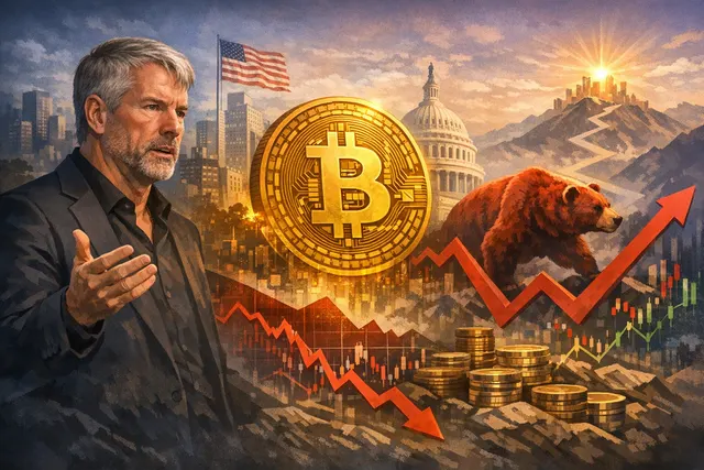 Bitcoin bear market analysis illustration showing market data and chart trends with Saylor and institutional pressure themes