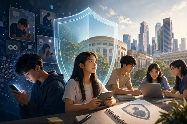 AI-generated editorial illustration accompanying a report on youth social media safety in Singapore