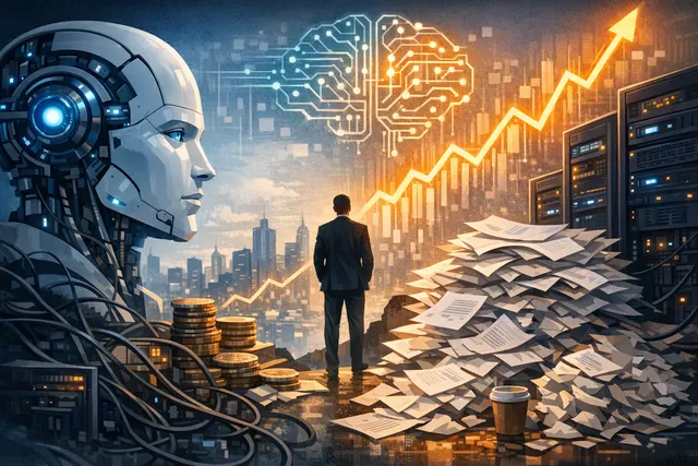 Abstract illustration of AI cost surges and 'work slop' in corporate workflows with a corporate skyline and digital wave representing surging data