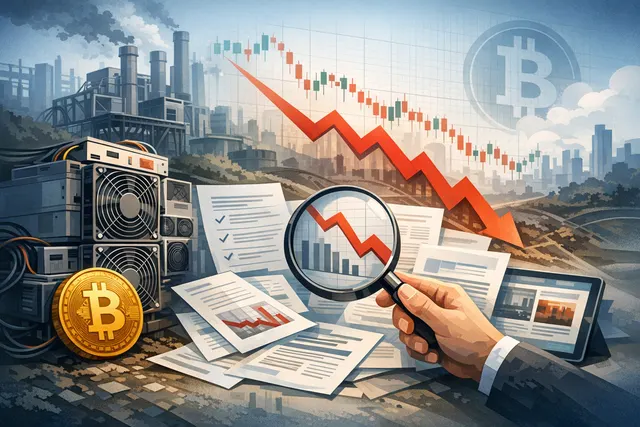 Abstract visualization of Bitcoin mining stocks falling while Bitcoin price stays steady, with AI data center symbols in the background