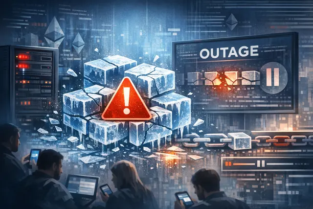 Illustration of a blockchain network stall with a frozen chain and warning indicators, representing the Base mainnet outage on June 25, 2026.
