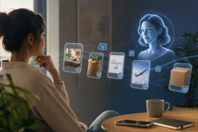 Editorial illustration representing Meta Muse, a personal AI agent that performs connected digital tasks