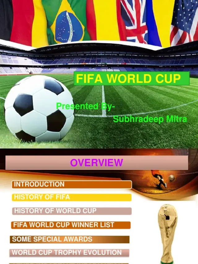 The document provides an overview of the FIFA World Cup, including its history and evolution. It discusses how FIFA was founded in 1904 and organized the