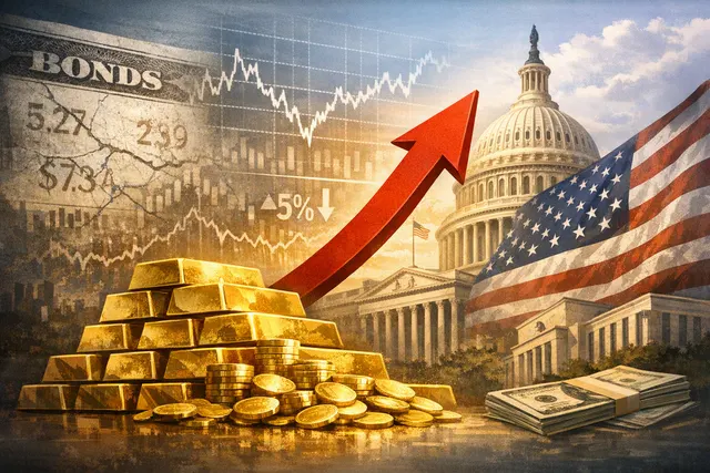 Illustration of gold bars and market charts rising above the $4,600-per-ounce level