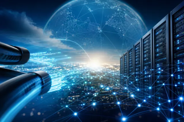 Illustration of global AI data centers connected by high‑speed networking infrastructure