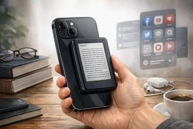 Tiny Xteink X3 e-reader magnetically attached to the back of a MagSafe iPhone