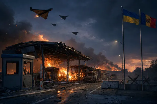 Editorial illustration of the Starokozache border crossing after a reported drone strike near the Moldova border