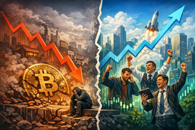 A split chart showing Bitcoin falling sharply while the Nasdaq 100 trends upward, illustrating the 70-percentage-point return gap and historic decoupling between crypto and tech st