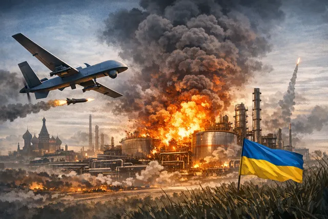 Aerial view of burning oil depot and port infrastructure following Ukrainian drone strikes in southern Russia