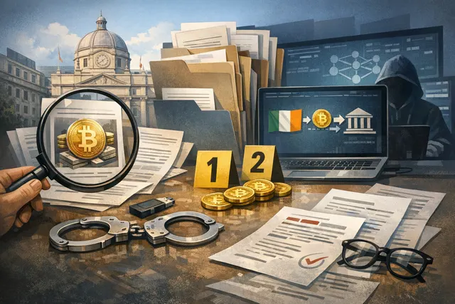 Illustration of a Bitcoin coin on a dark background with a digital network overlay, representing the Irish government's seizure and transfer of 500 BTC linked to drug trafficker Cl