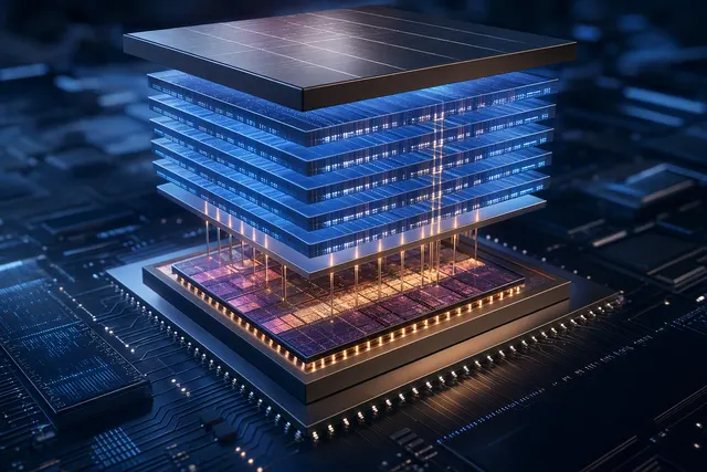 Illustration of high-bandwidth memory vertically stacked above an AI accelerator chip