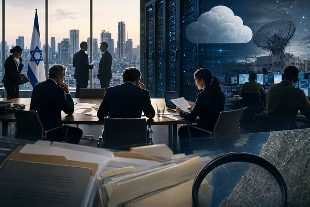 Editorial illustration of cloud infrastructure under scrutiny amid surveillance and compliance allegations