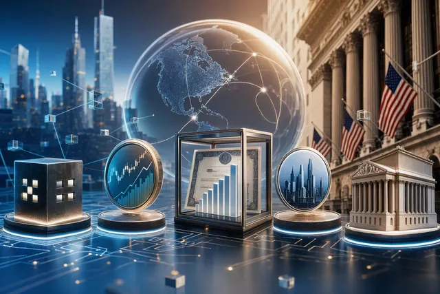Editorial illustration about tokenized U.S. stocks, crypto trading platforms and the SEC’s regulatory framework