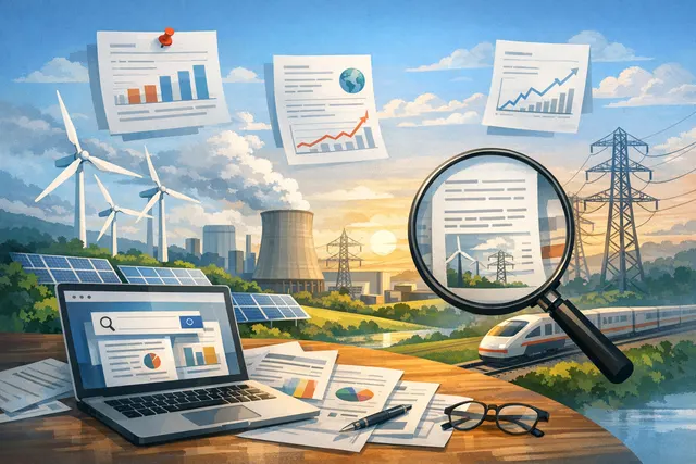 Conceptual image representing the global energy transition, with solar panels and wind turbines against a backdrop of a power grid and data visualizations.