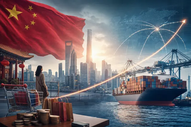 Illustrative editorial image accompanying an article about China’s economic growth and exports.
