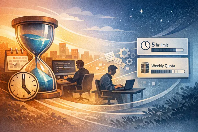 Abstract editorial illustration of ChatGPT usage limits, with a five-hour clock and weekly quota indicators surrounding AI coding and work tools