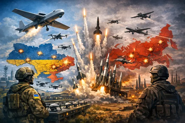 A split composition contrasting a Ukrainian soldier operating an advanced drone interface with a Russian factory floor churning out mass-produced Shahed drones, illustrating the dr