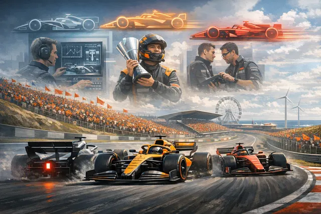 Editorial illustration of Mercedes and McLaren Formula 1 cars battling during the 2026 title fight