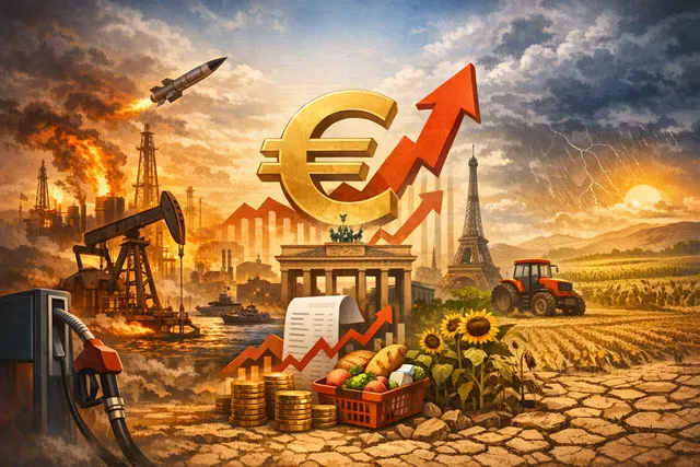 A dramatic visual representation of Europe's triple inflation shock, combining symbols for war in Iran, surging energy prices, and climate-driven food scarcity over a map of Europe