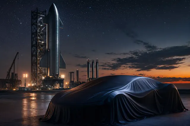 AI-generated editorial illustration of a Tesla Roadster at a SpaceX-style test site, suggesting the rumored thruster demonstration; not event footage.