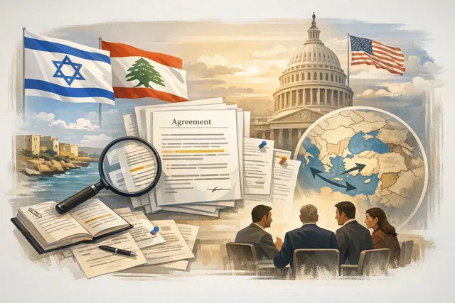 Diplomatic handshake between Israeli and Lebanese representatives with US Secretary of State Marco Rubio, set against the backdrop of Washington negotiations