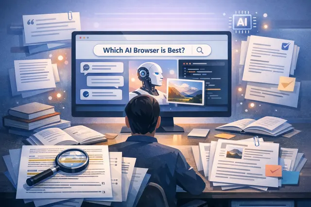 AI-generated editorial illustration comparing major AI browsers in 2026, featuring logos and interface elements of Perplexity Comet, ChatGPT Atlas, Dia, Brave, and Edge.