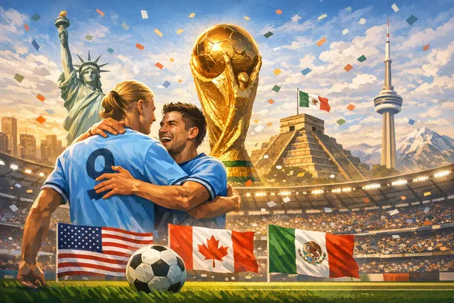 FIFA World Cup trophy with 2026 New York New Jersey stadium backdrop and rule-change illustrations